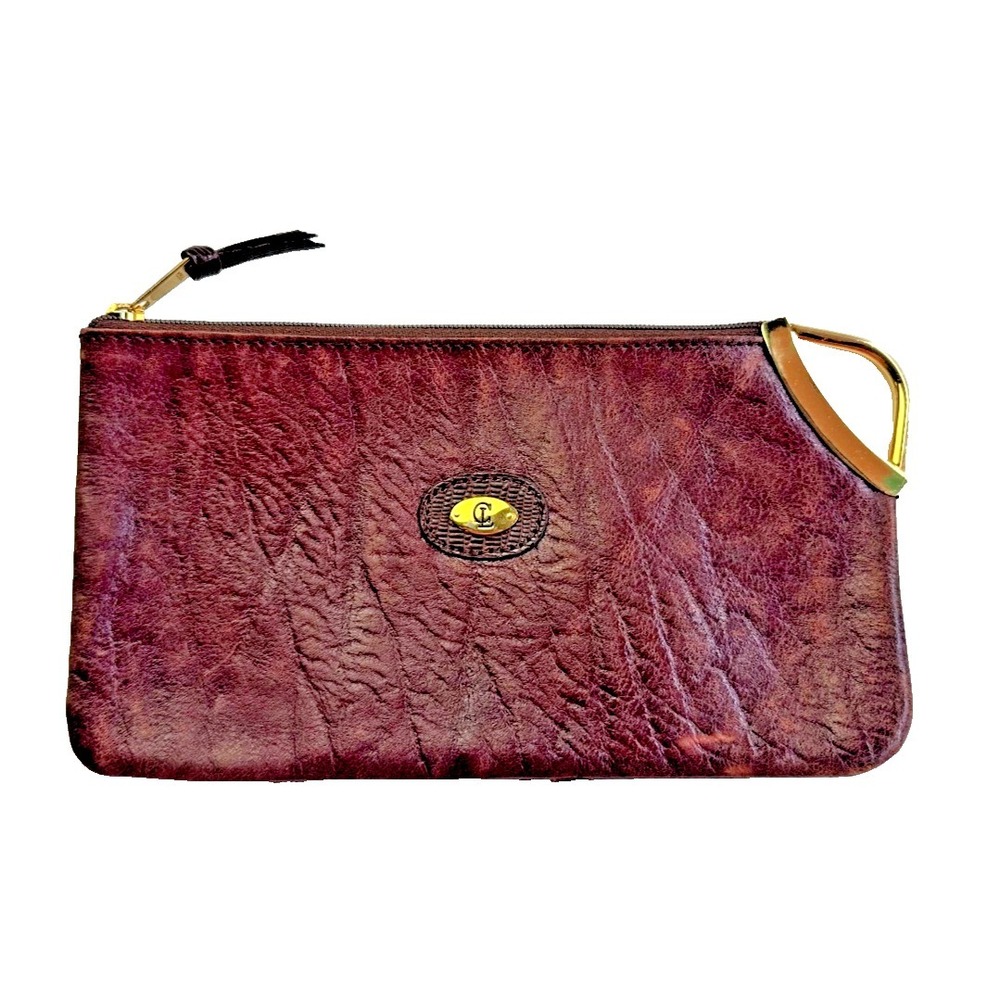 Curated Luxury Maroon Leather Clutch Small Zip Top Gold Hardware Finger Loop